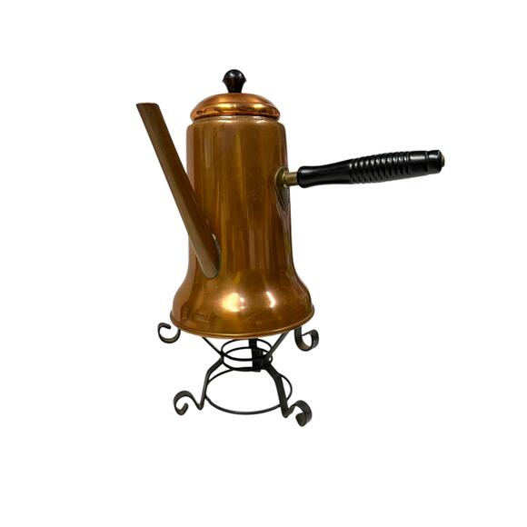 Vintage Copper‎ Finish Turkish Coffee Kettle Tea Pot Side Handle Lid 8" w/ Stand - Picture 1 of 9